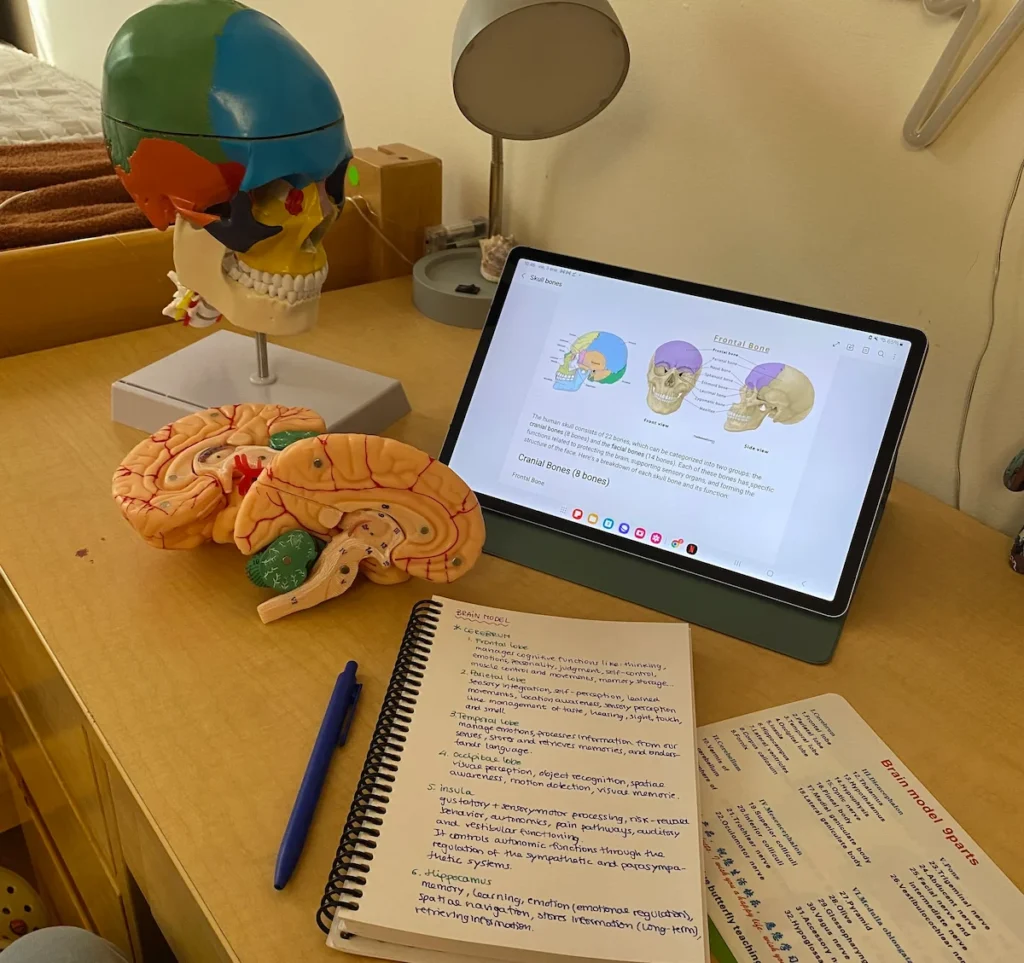 En student och idrottare gör sina biologiläxor.